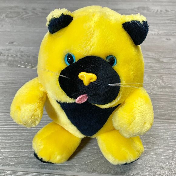 Vintage 1988 Effem Purdy Cat Plush 8in Black and Yellow Doudou Stuffed Animal - Picture 1 of 9